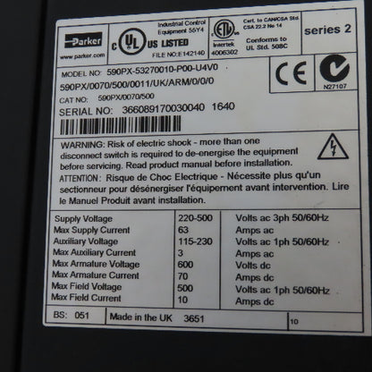 Parker 590PX-53270010-P00-U4V0 W/ Eurotherm 995 L BR42 590 DRV DC Drive