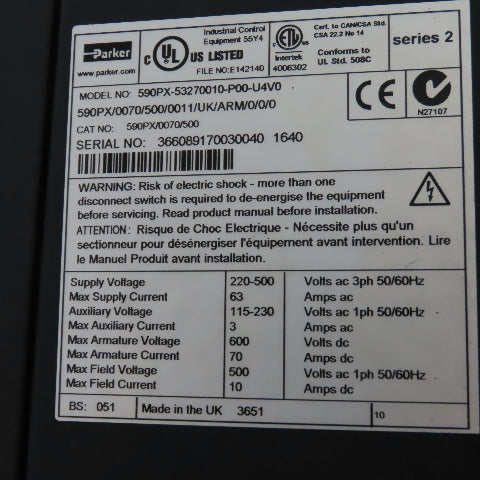 Parker 590PX-53270010-P00-U4V0 W/ Eurotherm 995 L BR42 590 DRV DC Drive