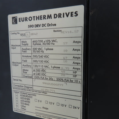 Parker 590PX-53270010-P00-U4V0 W/ Eurotherm 995 L BR42 590 DRV DC Drive