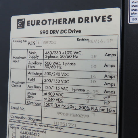 Parker 590PX-53270010-P00-U4V0 W/ Eurotherm 955-L-BR751 590 DRV DC Drive
