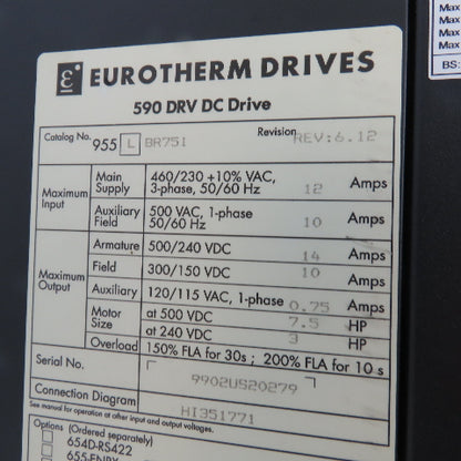 Parker 590PX-53270010-P00-U4V0 W/ Eurotherm 955-L-BR751 590 DRV DC Drive