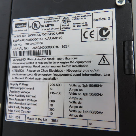 Parker 590PX-53270010-P00-U4V0 W/ Eurotherm 955-L-BR751 590 DRV DC Drive