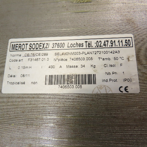 Merot Sodex F31467.01.0 SEL430NM003 430A 0.15mH 1Ph Choke Reactor