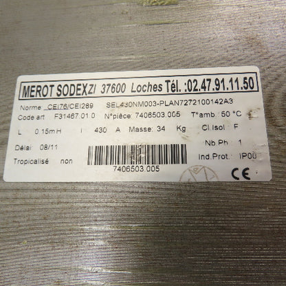 Merot Sodex F31467.01.0 SEL430NM003 430A 0.15mH 1Ph Choke Reactor