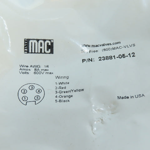 MAC Valves 23881-05-12 5-Pin Mini Female Single-Ended Cordset Cable 600V Max