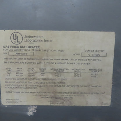 Thermo Cycler GT-400C Natural Gas Fired Heating Unit 400k BTU/Hr. 115V 1Ph