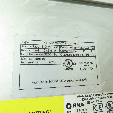 RNA REOVIB MFS 268-12A-IP54 ESR 3000/12 Vibrating Feeder Frequency Converter
