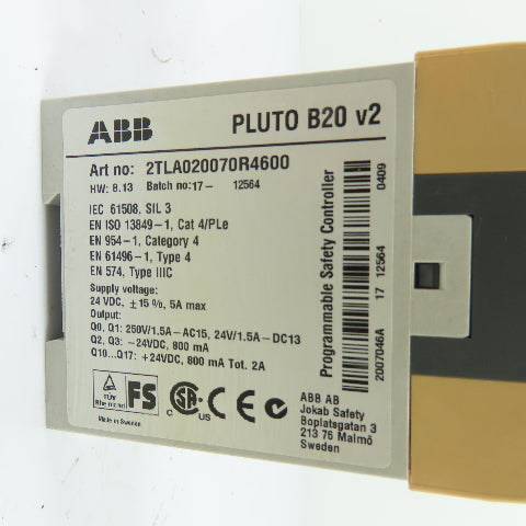 ABB PLUTO B20 v2 2TLA020070R4600 24VDC Programmable Safety Controller 20-I/O