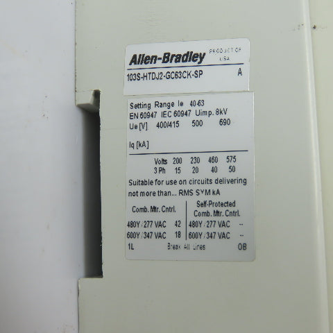 Allen-Bradley 140-CMN-6300 63A Manual Starter Circuit Breaker Protector 600V
