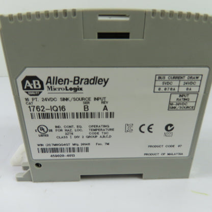 Allen-Bradley 1762-IQ16 Ser A Rev B Micrologix 16 PT 24VDC Sink/Source Input