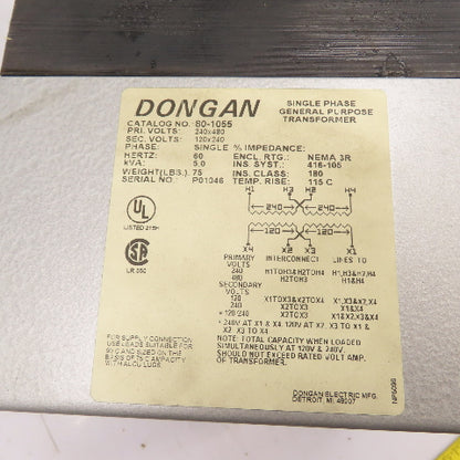 Dongan 80-1055 5kVA 1Ph General Purpose Transformer 240/480V Pri 120/240V sec
