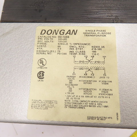 Dongan 80-1055 5kVA 1Ph General Purpose Transformer 240/480V Pri 120/240V sec