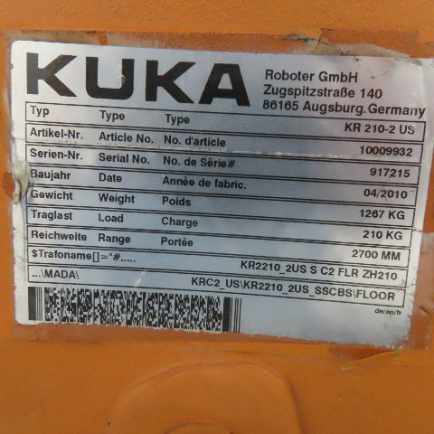 Kuka KR 210-2 6 Axis Robot 2700mm Reach 210kg Payload No Controls