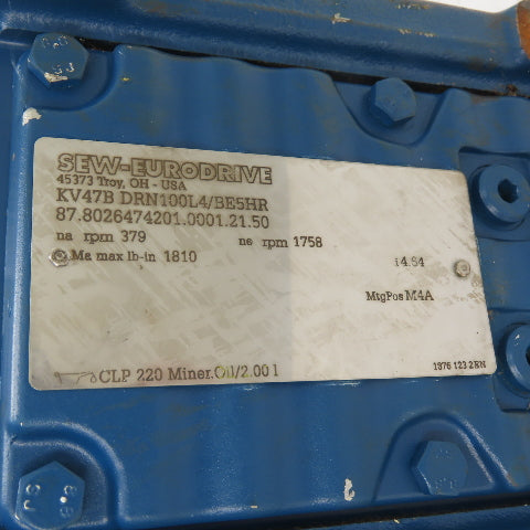 SEW-EURODRIVE KV47B DRN100L4/BE5HR 5HP 4.64:1 Ratio Gear Motor 230/460V 379RPM