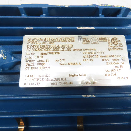 SEW-EURODRIVE KV47B DRN100L4/BE5HR 5HP 4.64:1 Ratio Gear Motor 230/460V 379RPM