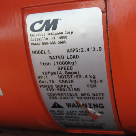 CM Lodestar Model L 1 Ton 2000LB Electric Chain Hoist 20' Lift 16FPM W/ Trolley