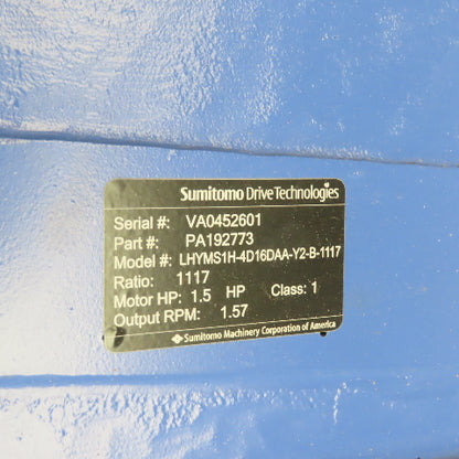 Sumitomo PA192773 LHYMS1H-4D16DAA-Y2-B-1117 1.5HP 1117:1 Gear Motor 230/460V 3Ph