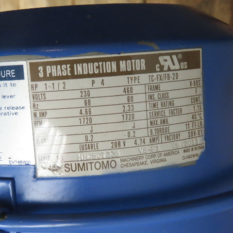 Sumitomo PA192773 LHYMS1H-4D16DAA-Y2-B-1117 1.5HP 1117:1 Gear Motor 230/460V 3Ph