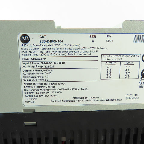 Allen-Bradley 25B-D4P0N104 PowerFlex 525 2.0HP AC Drive 380-480V 3Ph 4.0A Ser A