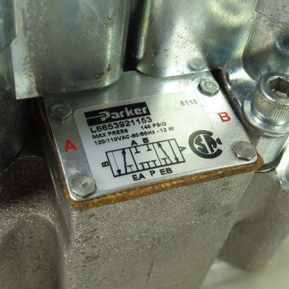 Parker L6653921153 3-Position Solenoid Pneumatic Control Valve 110/120VAC NEW