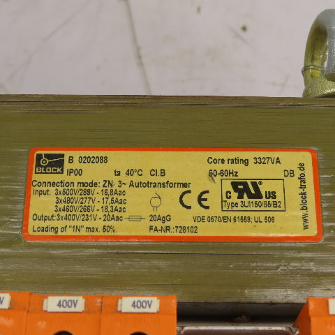 Block 10557680 B0202088 3.3kVA 3Ph Autotransformer 500/460V Pri 400V/231V Sec