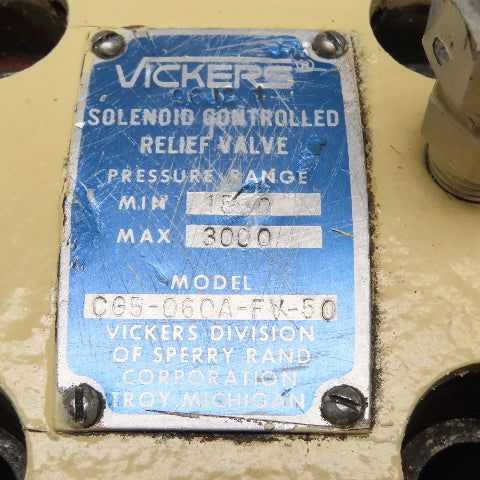 Vickers CG5-060A-FV-50 Solenoid Controlled Hydraulic Relief Valve 1500-3000 PSI