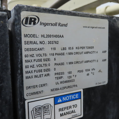 Ingersoll Rand HL2001H00AA Heatless Desiccant Air Dryer 115V 1Ph 200cfm Tested