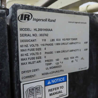 Ingersoll Rand HL2001H00AA Heatless Desiccant Air Dryer 115V 1Ph 200cfm Tested