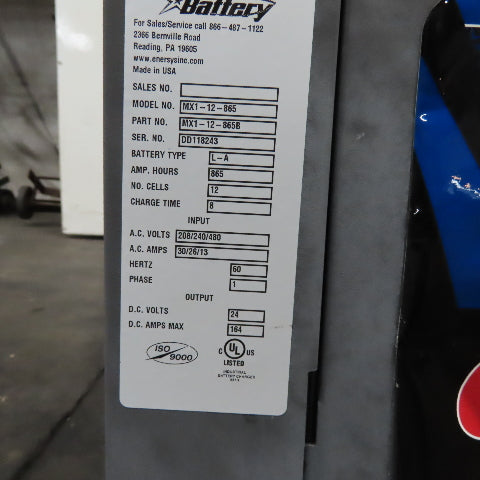 General Battery MX1-12-865 12 Cell 24V Forklift L-A Battery Charger 865AH 3Ph