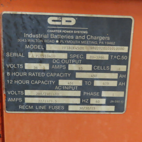 C&D FR18CE450M 18 Cell 36V Forklift L-A Battery Charger 450AH 208-230/480V 3Ph
