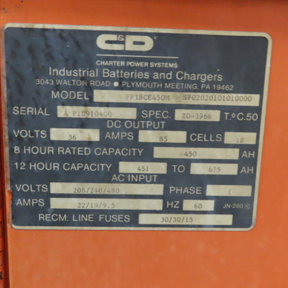 C&D FR18CE450M 18 Cell 36V Forklift L-A Battery Charger 450AH 208-230/480V 3Ph