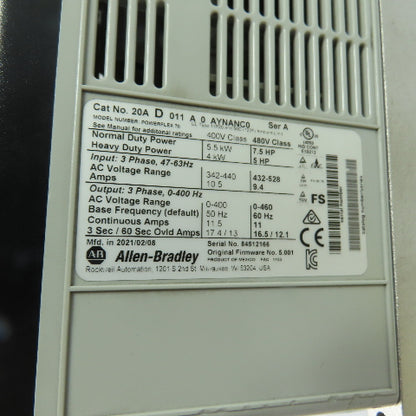 Allen-Bradley 20AD011A0AYNANC0 PowerFlex 70 AC Drive 7.5HP 480V 3Ph Ser A