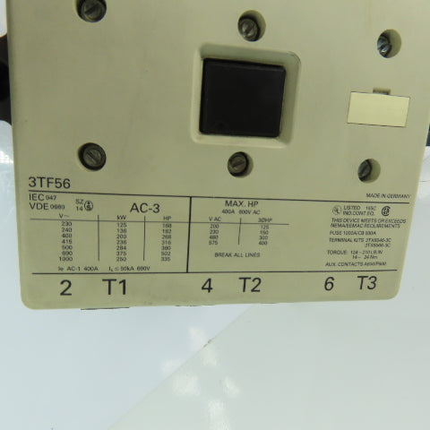 Siemens 3TF5622-0AK6 400A 3-Pole IEC Contactor 600VAC