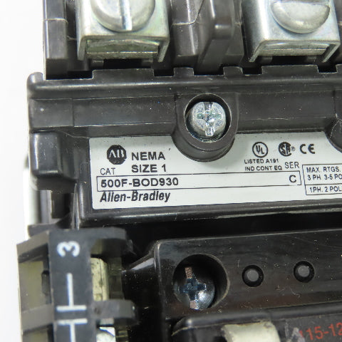 Allen-Bradley 500F-BOD930 NEMA Size 1 Motor Starter 27A 600VAC 115/120V Coil