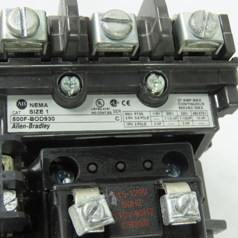 Allen-Bradley 500F-BOD930 NEMA Size 1 Motor Starter 27A 600VAC 115/120V Coil