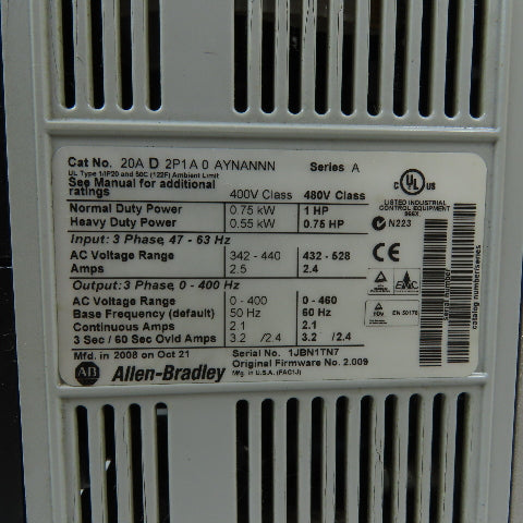 Allen-Bradley 20AD2P1A0AYNANNN 1HP PowerFlex 70 VFD AC Drive 480V 3Ph