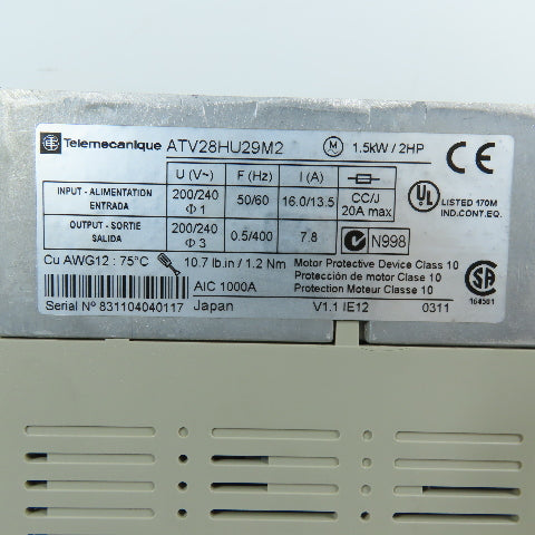 Telemecanique ATV28HU29M2 2HP Variable Frequency Drive 200/240V 1Ph In/3Ph Out