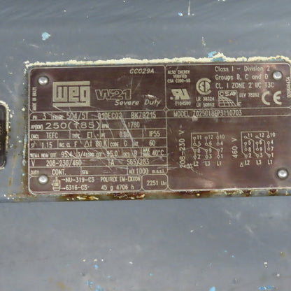 WEG Z025018EP3110703 250Hp AC Motor 208-230/460V 3Ph 1750RPM 504/5T Tested
