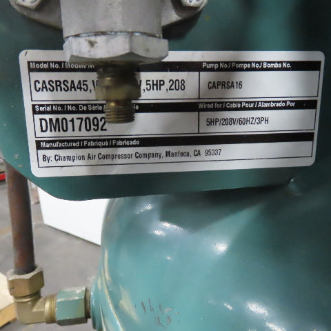 Champion CASRSA45 80 Gal 5HP Vertical Air Compressor 200V 3Ph Tested