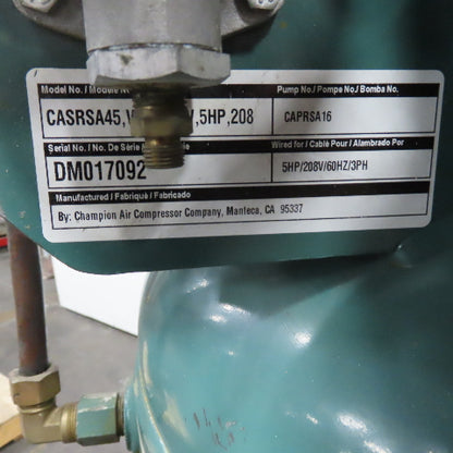 Champion CASRSA45 80 Gal 5HP Vertical Air Compressor 200V 3Ph Tested