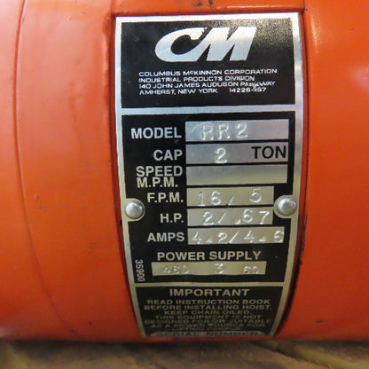 CM Lodestar Model RR2 2 Ton 4000LB Electric Chain Hoist 460V 3Ph 30' Lift