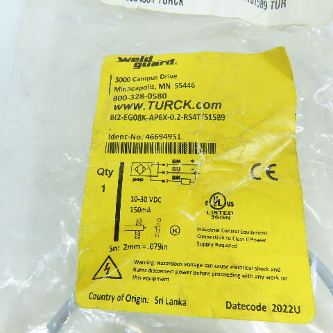 Turck 46694951 BI2-EG08K-AP6X-0.2-RS4T/S1589 Inductive Proximity Sensor 2mm PNP