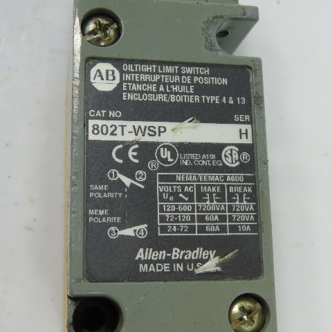 Allen-Bradley 802T-WSP Oiltight Limit Switch 2-Pole 600VAC Ser H