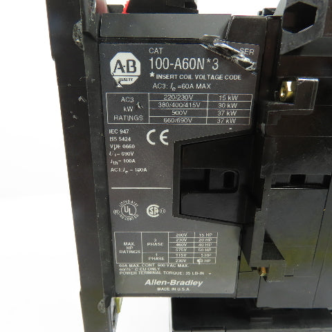 Allen-Bradley 100-A60N*3 60A 3-Pole IEC Contactor w/ 193-A1J3 Overload Relay
