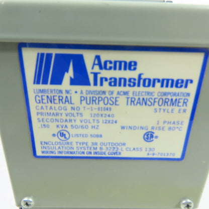 Acme T-1-81049 .150KVA Transformer 1Ph 120/240V Pri 12/24V Sec Tested