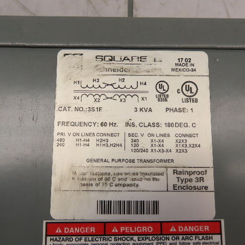 Square D 3S1F 3KVA General Purpose Transformer 480/240V Pri 120/240V Sec