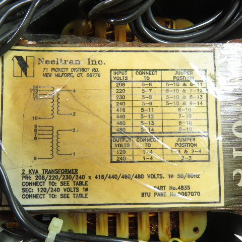 Neeltran 5067070 4835 2KVA 1Ph Transformer 208/480V Pri 120/240V Sec