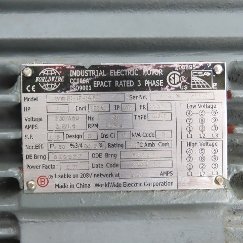WorldWide Electric WWEI-12-145T 1HP Electric Motor 230/460V 3Ph 1145RPM 145T Fr.