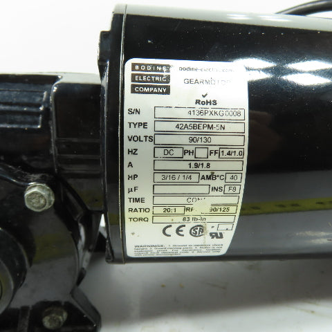 Bodine Electric 42A5BEPM-5N DC Right Angle Gearmotor 90/130VDC 20:1 Ratio