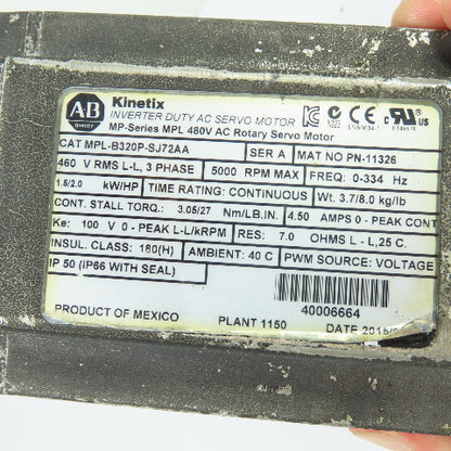 Allen-Bradley MPL-B320P-SJ72AA 2HP AC Servo Motor 3Ph 460V 5000RPM